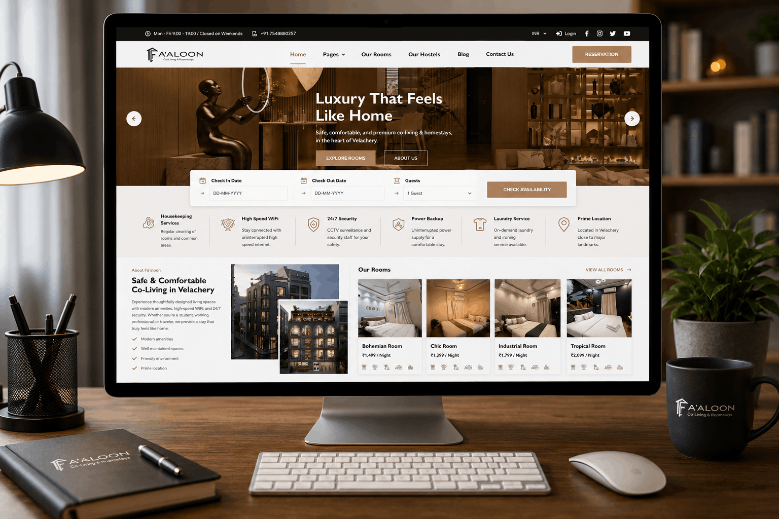 Fa'aloon Co-Living home page - premium co-living showcase with room categories, amenities and inquiry CTA