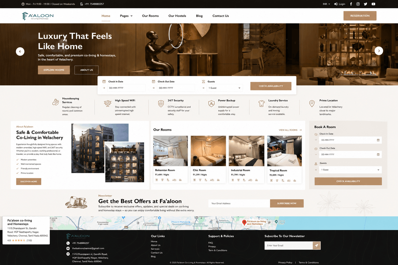 Room listing pages - Single, Double, Triple Sharing and Premium accommodation options with detailed descriptions